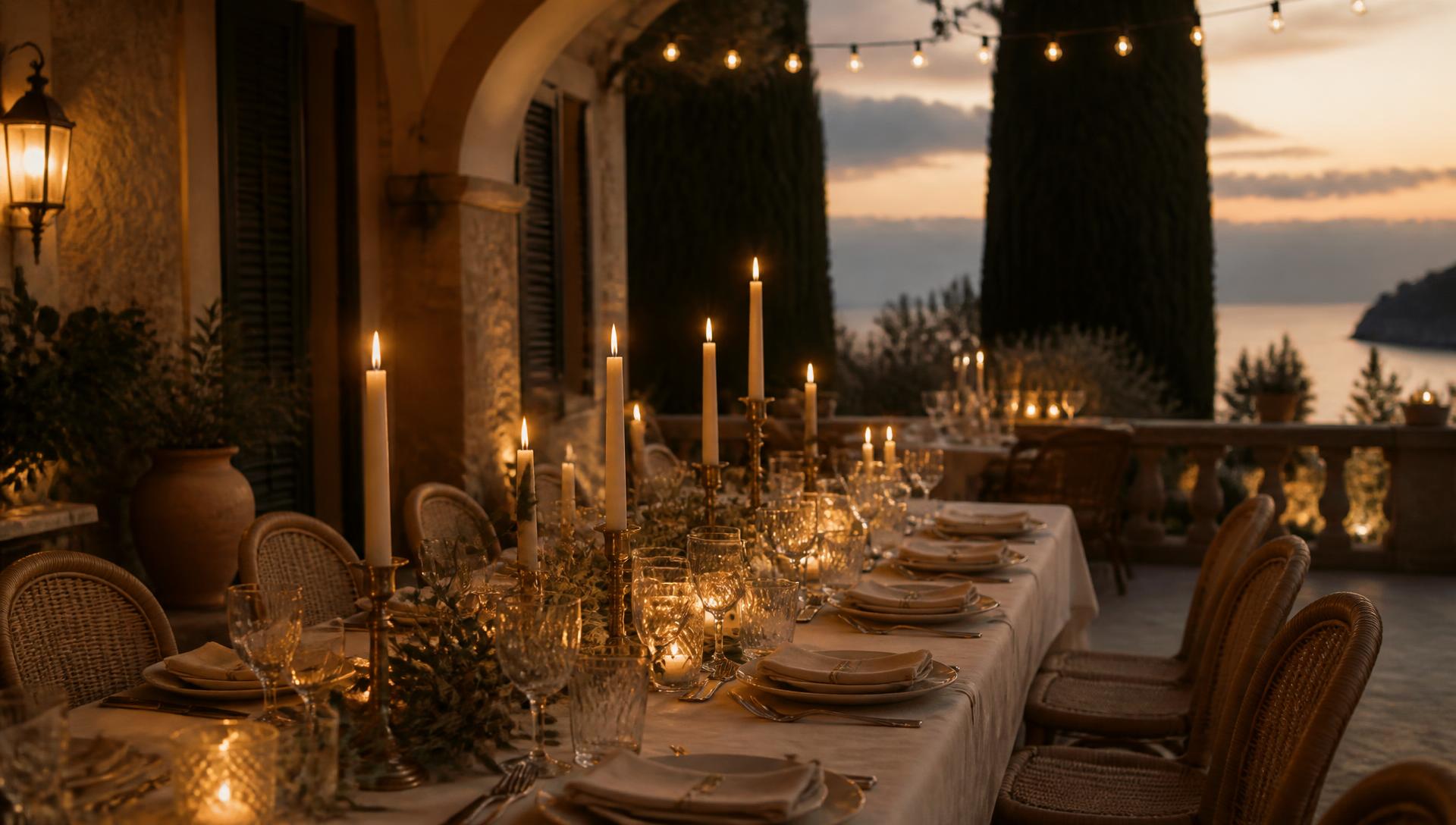 Candlelit dinner table set on a Mediterranean villa terrace at dusk