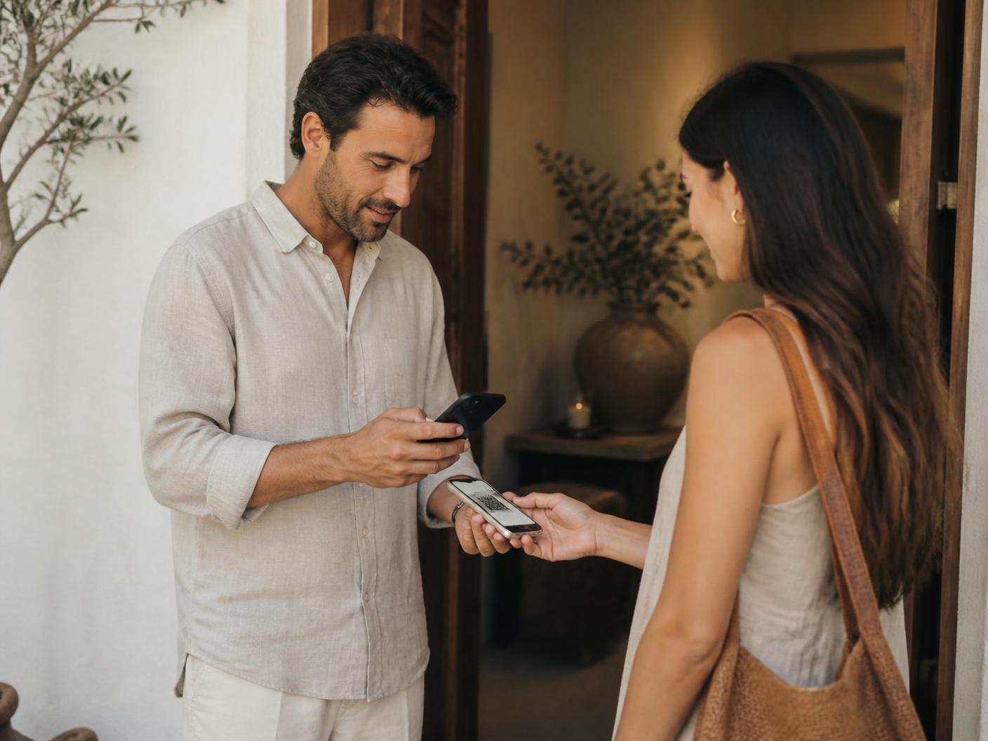 A host at a doorway scanning a guest's phone with another phone