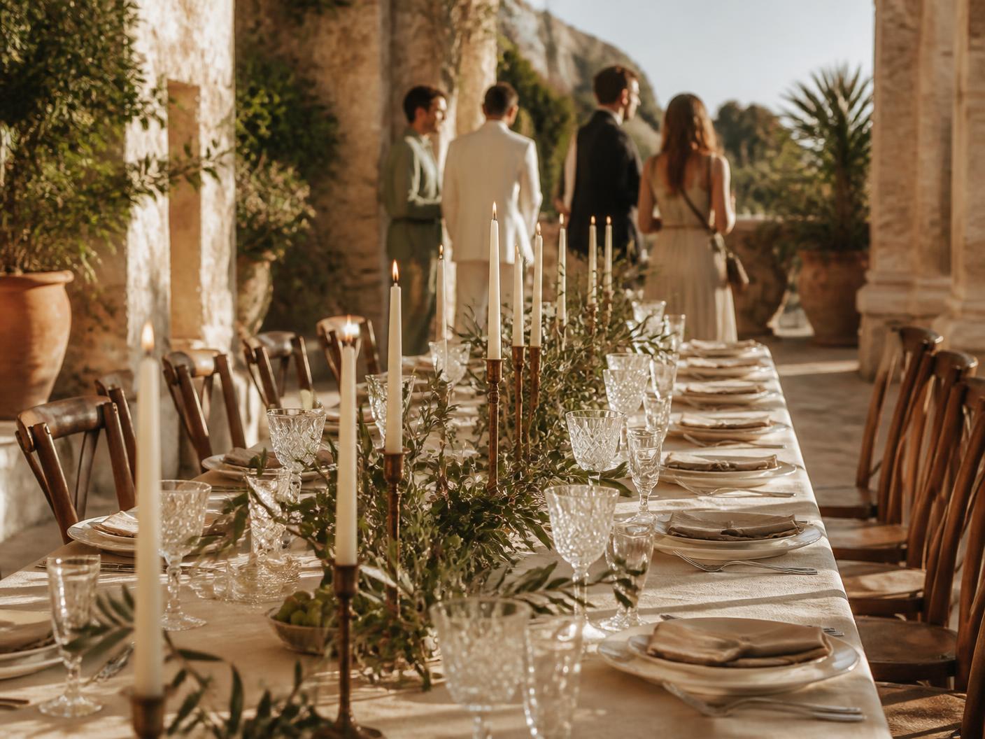 A long candlelit dinner table set with linen and olive branches on a villa terrace as guests arrive