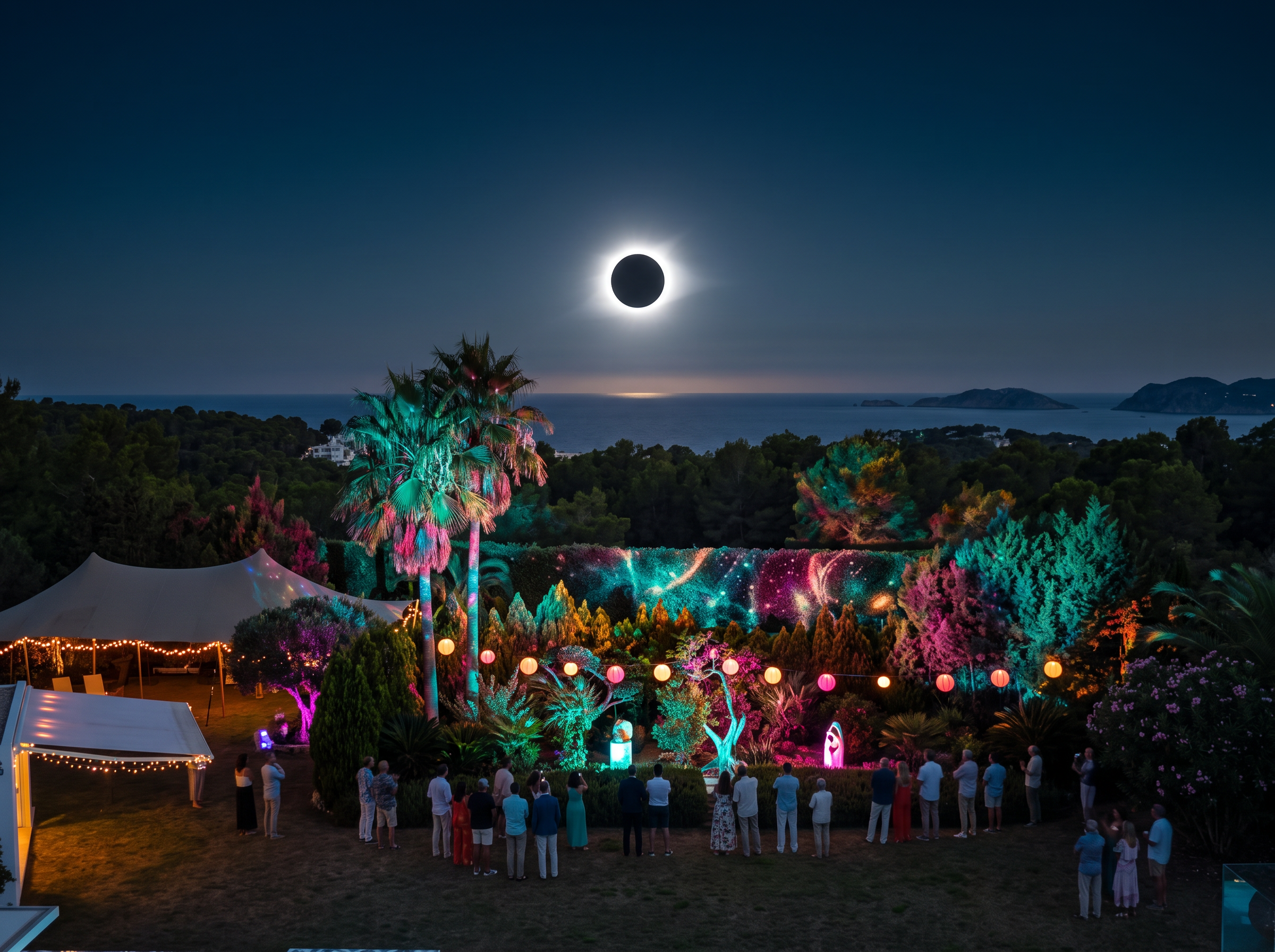 Total eclipse corona above the lit-up garden and the sea