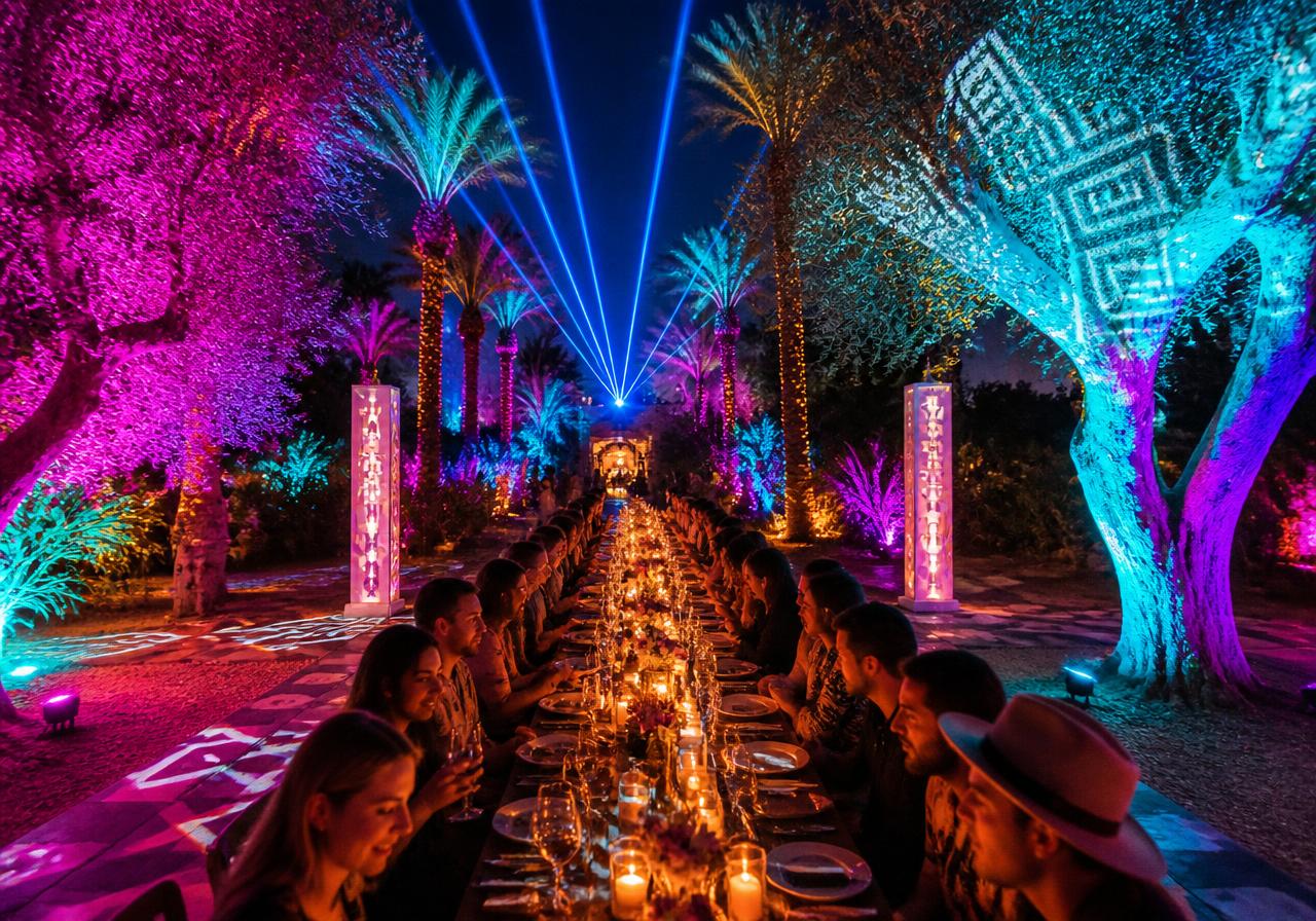 Long dinner table in the garden under projected light and lasers