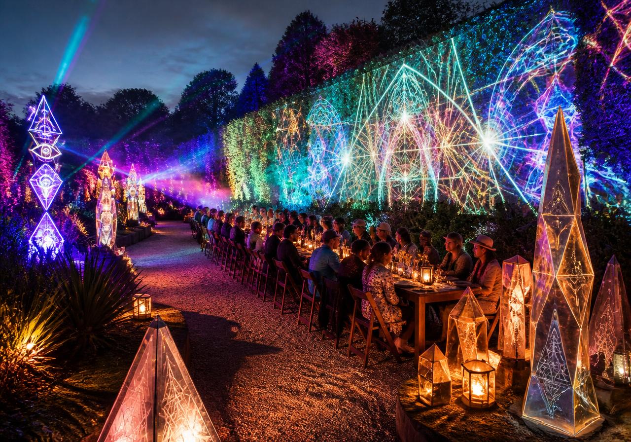 Garden walls lit with large-scale projections and glowing light totems